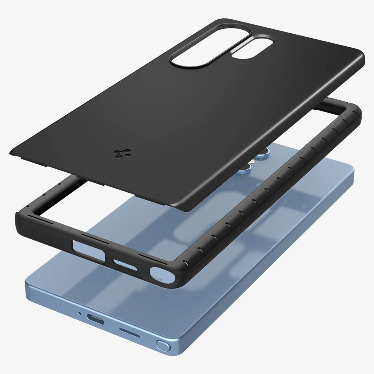 Coque de téléphone avec téléphone à l'intérieur, démonté. Noir et bleu.