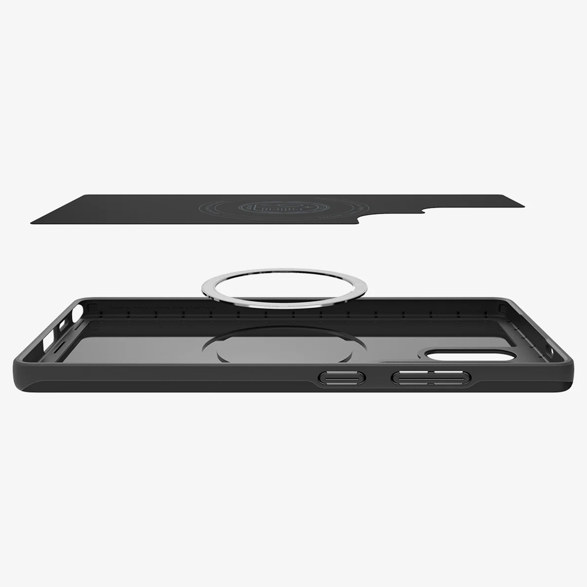 Composants de coque de téléphone. Une coque noire, un anneau transparent et une plaque noire.