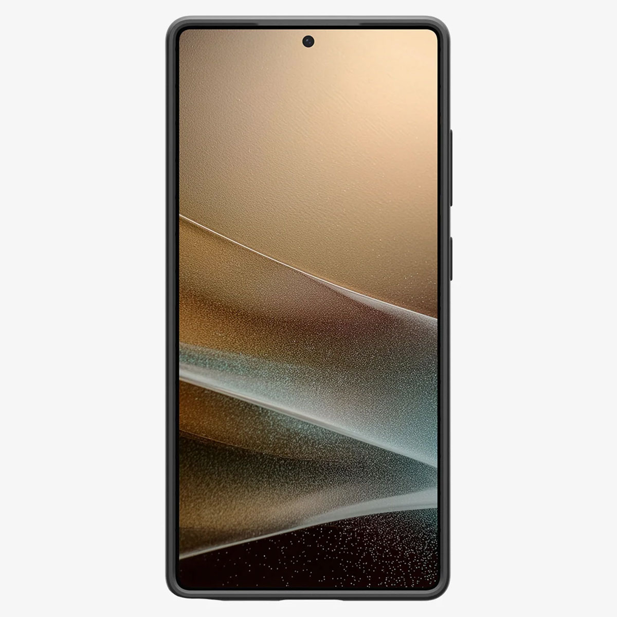Téléphone dans un étui noir, affichant l'écran. Tons or et marron sur l'écran. Le téléphone est vertical.