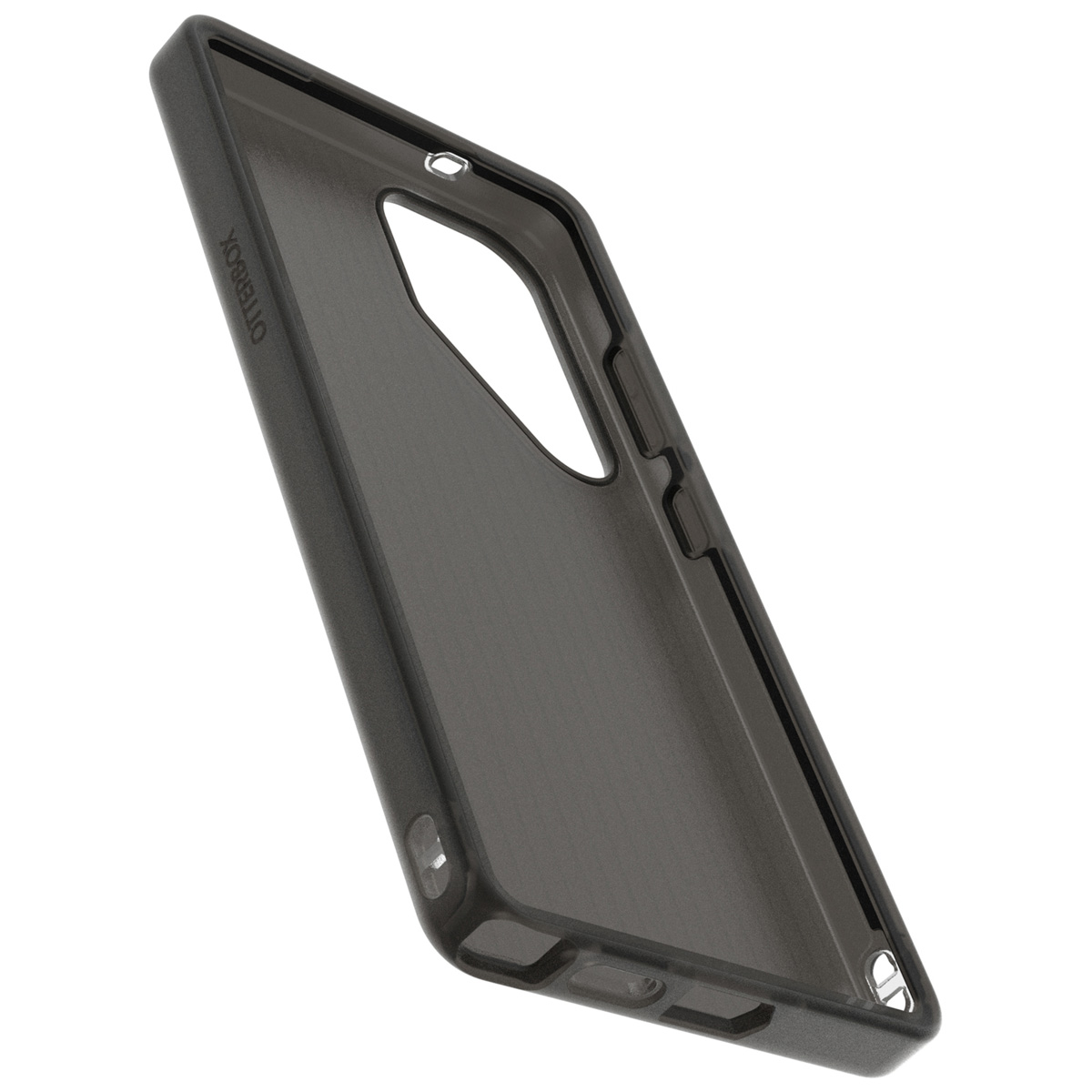 Interno di una custodia per telefono grigio scuro con marchio Otterbox. Sfondo bianco.