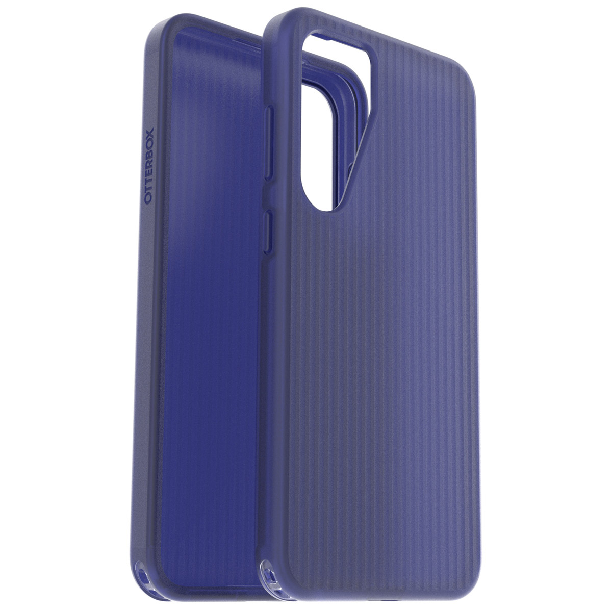 Deux coques de téléphone bleues, l'une dans l'autre. Les coques ont une surface texturée.