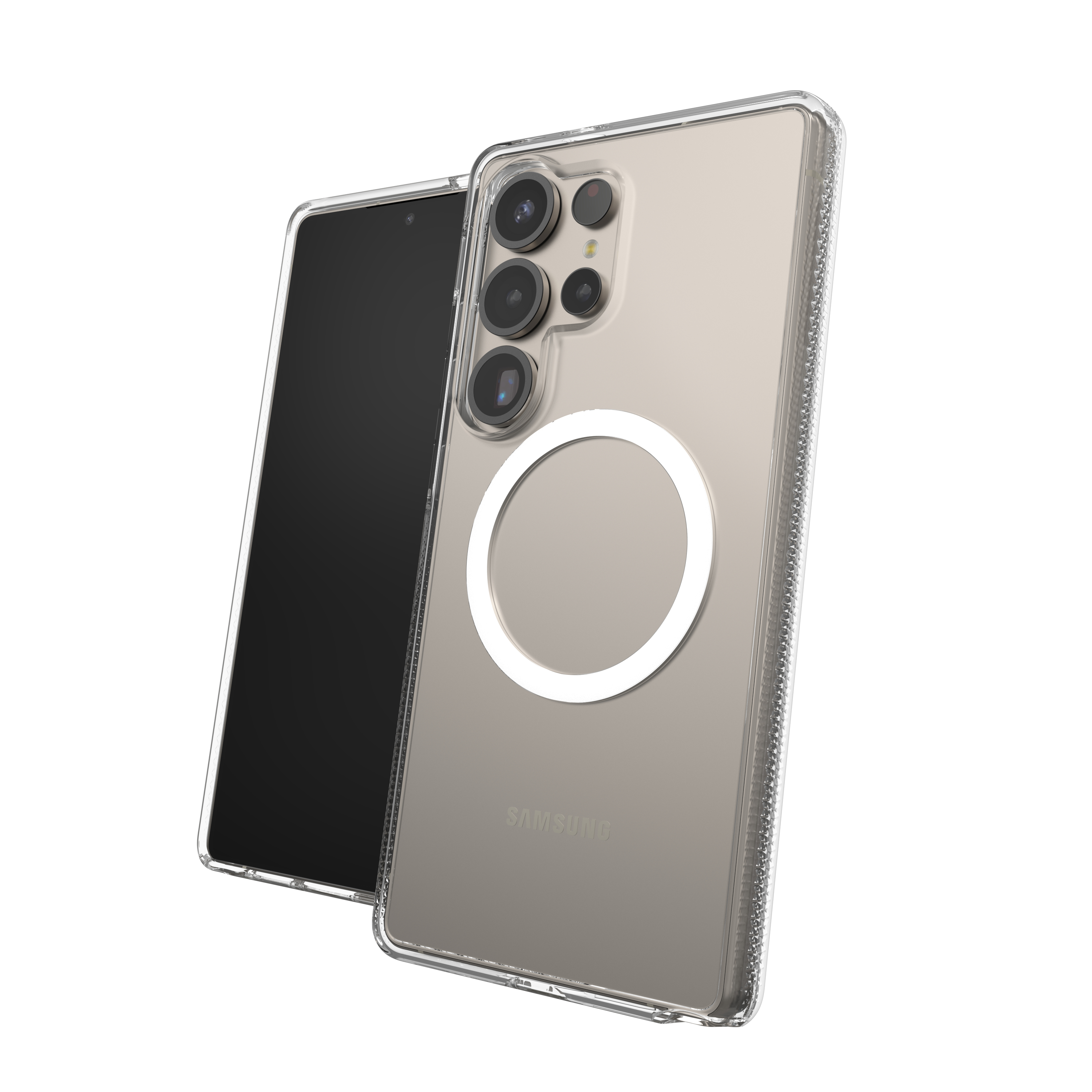 Custodia trasparente con anello bianco, su un telefono. Il telefono ha fotocamere.
