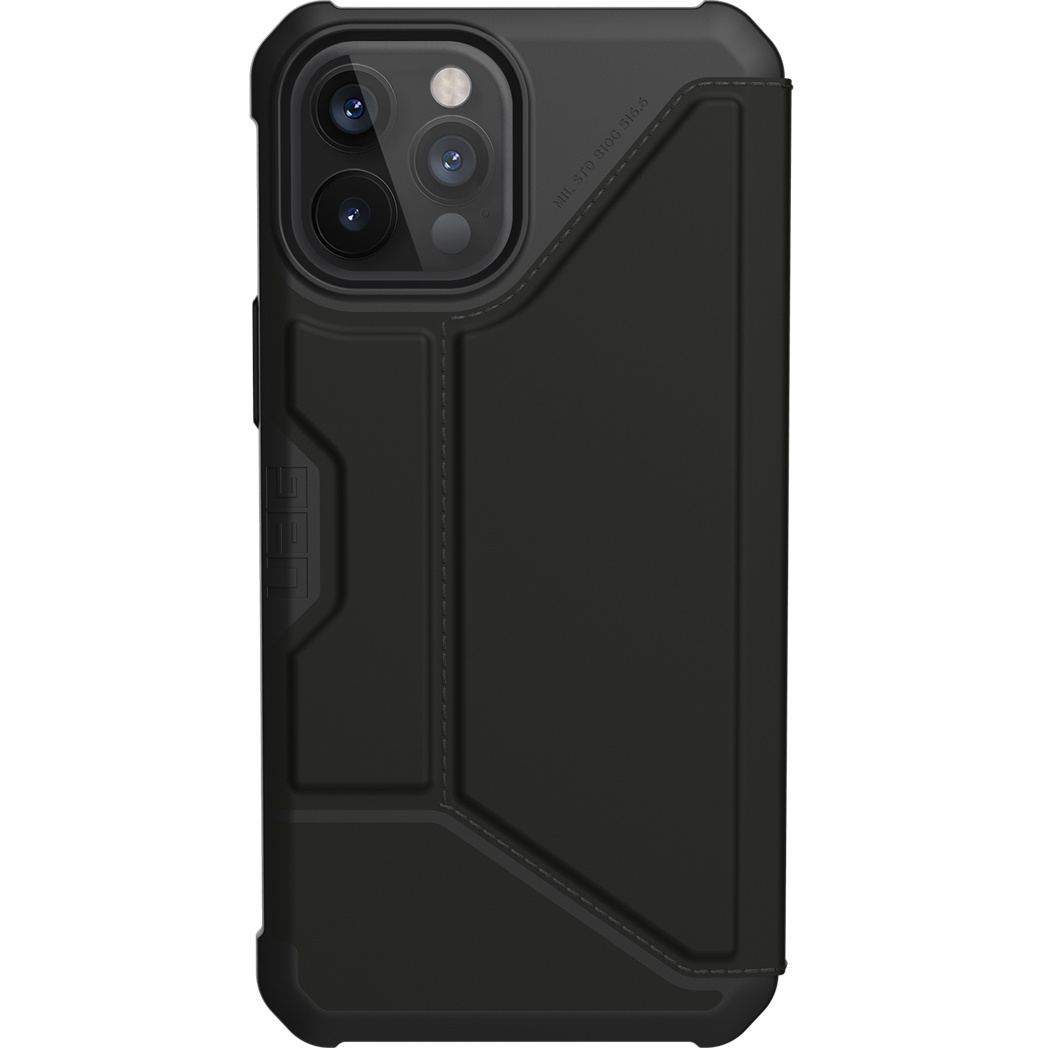 Eine schwarze Handyhülle mit Kartenhalter wird gezeigt, mit strukturiertem Design und dem UAG-Logo.