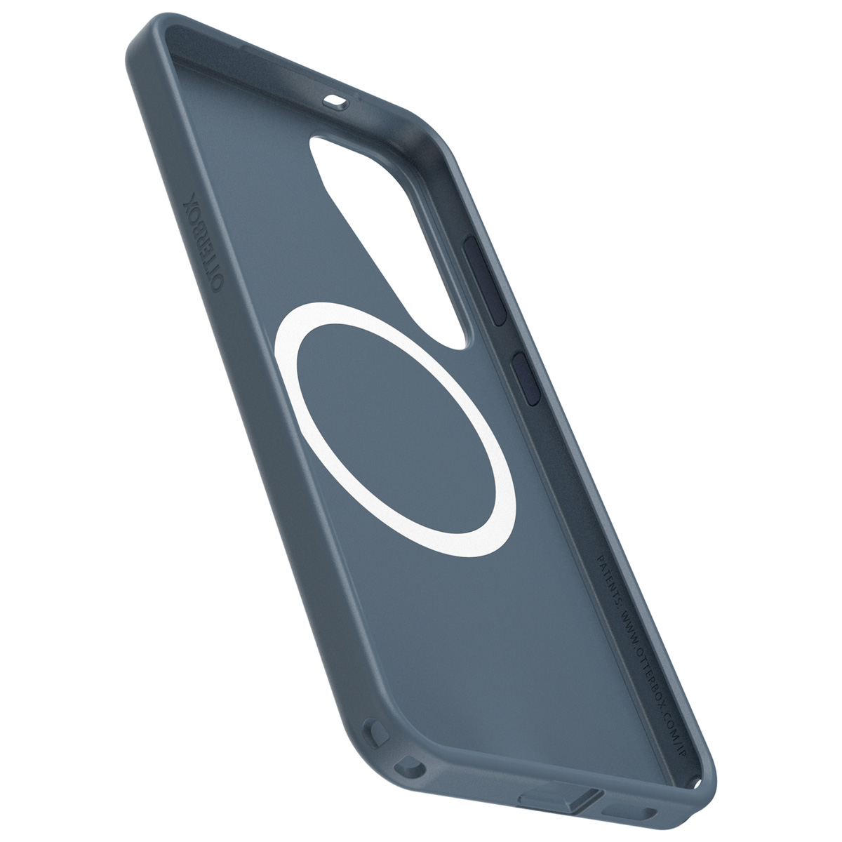 Blauwe telefoonhoes. De binnenkant is te zien, met een witte cirkel aan de onderkant.