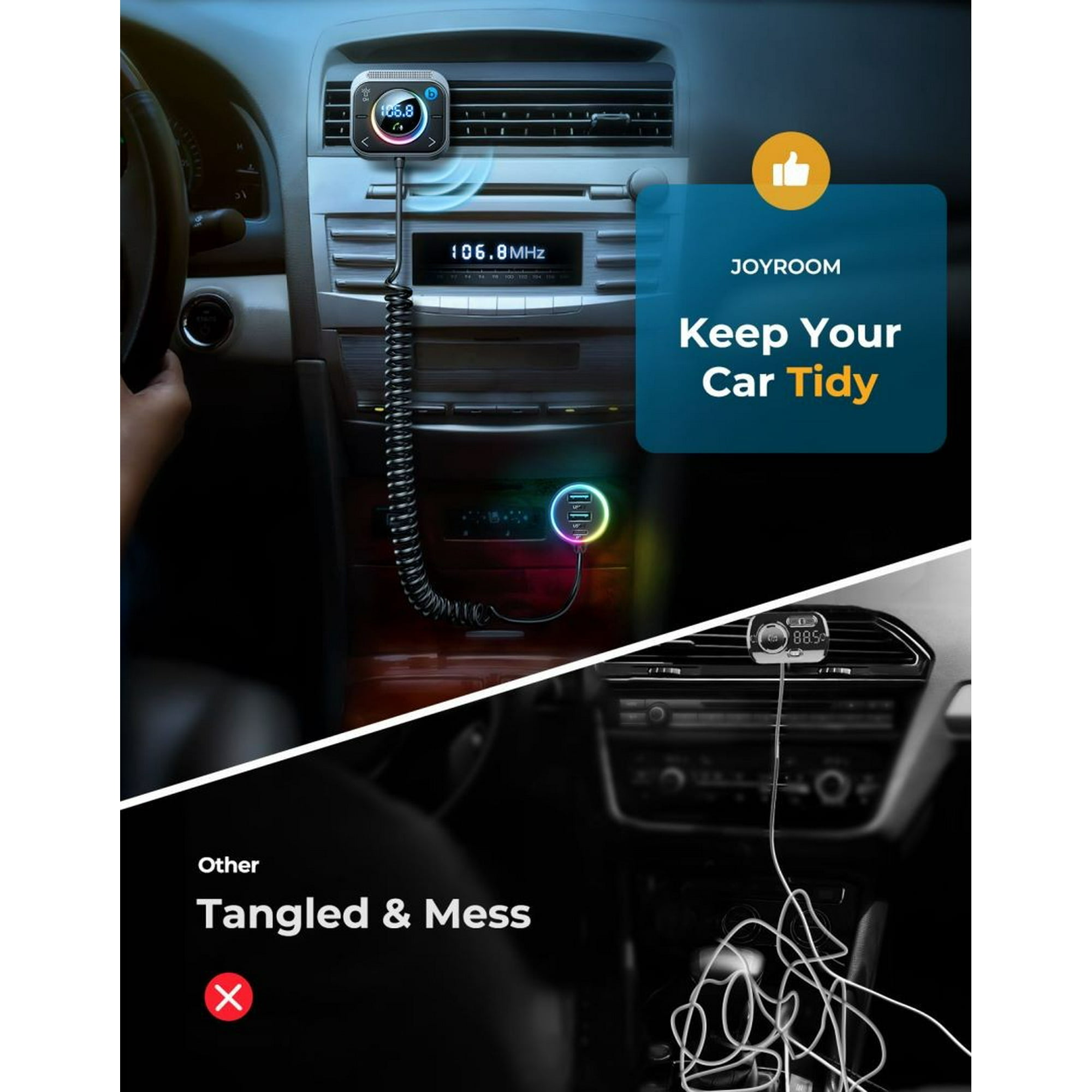 Autointerieur mit kabellosem Ladegerät. Anderes Bild zeigt unordentliche Kabel. Joyroom-Logo und Text.