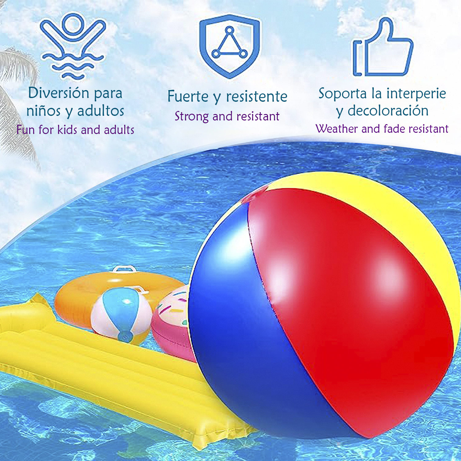 Pelota de playa en una piscina. Secciones amarillas, rojas y azules. Balsa inflable y flotadores en el fondo.