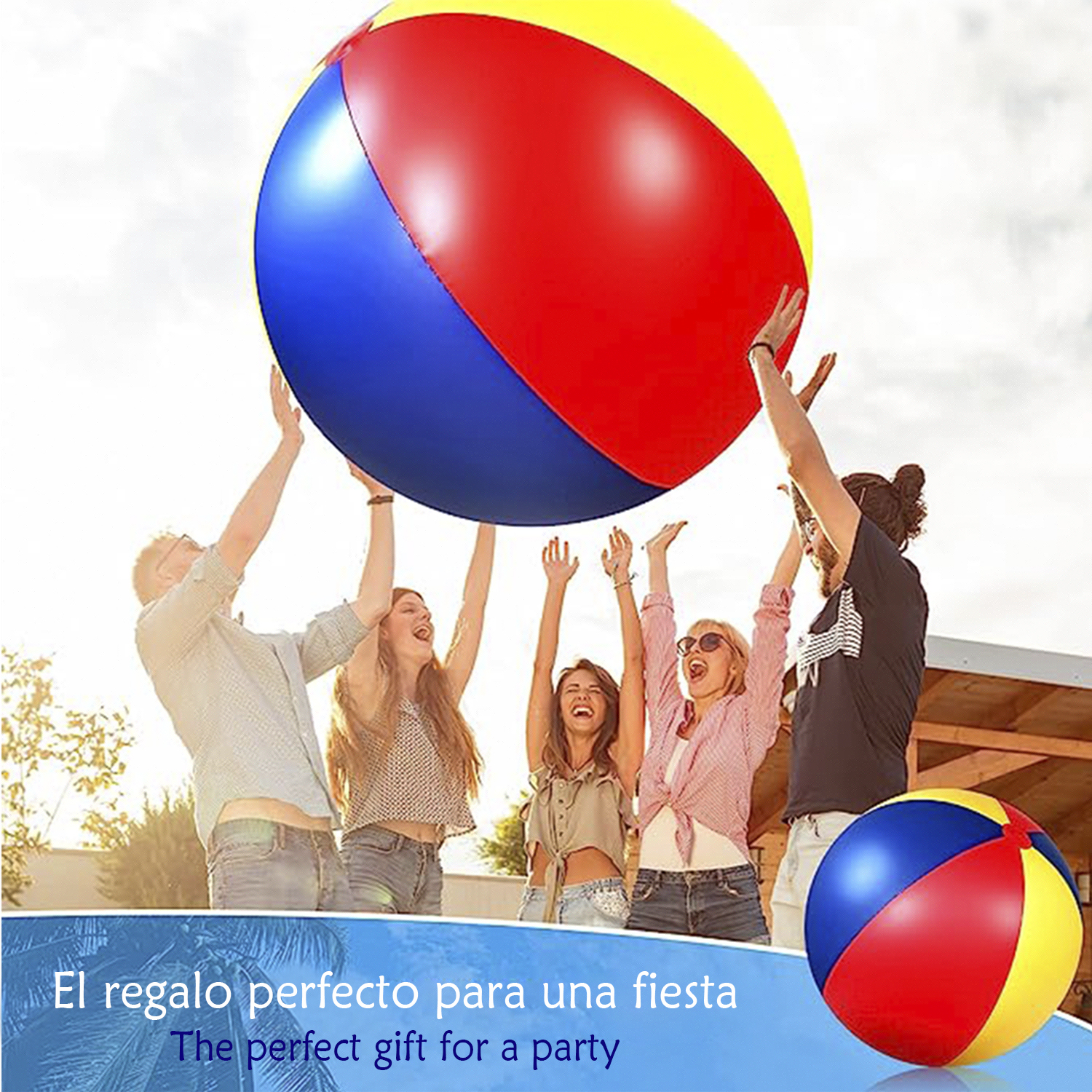 La gente está jugando con una pelota de playa. La pelota es roja, azul y amarilla. El regalo perfecto para una fiesta.
