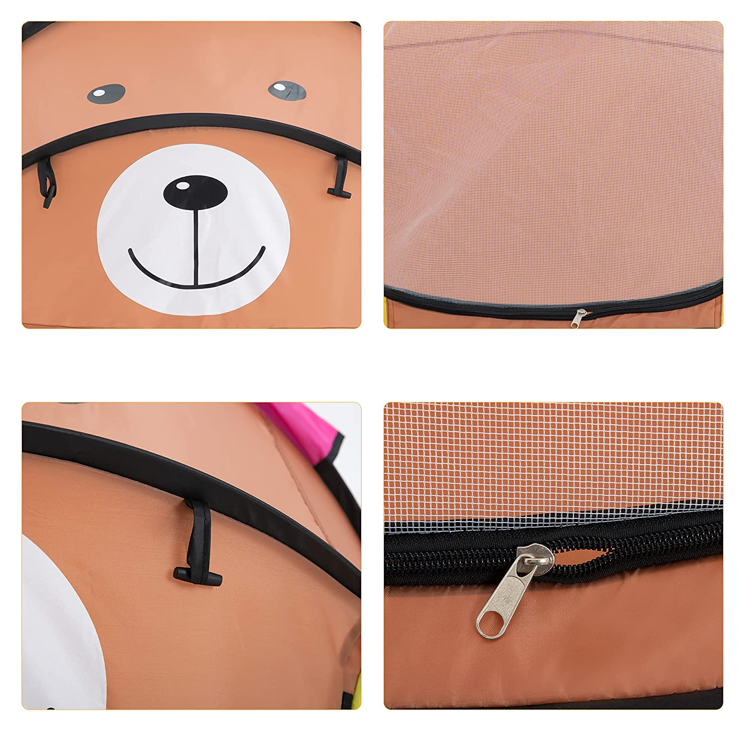 Tienda de juegos para niños, naranja, con diseño de cara de oso. Múltiples vistas muestran detalles.