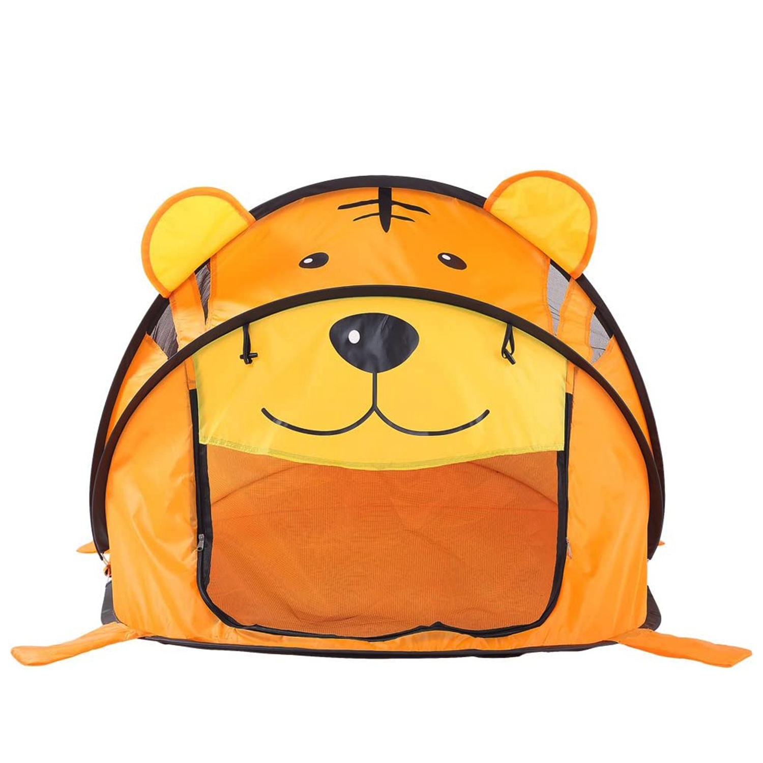 Tienda de juegos naranja con cara de tigre. Rayas y detalles negros. Fondo blanco.