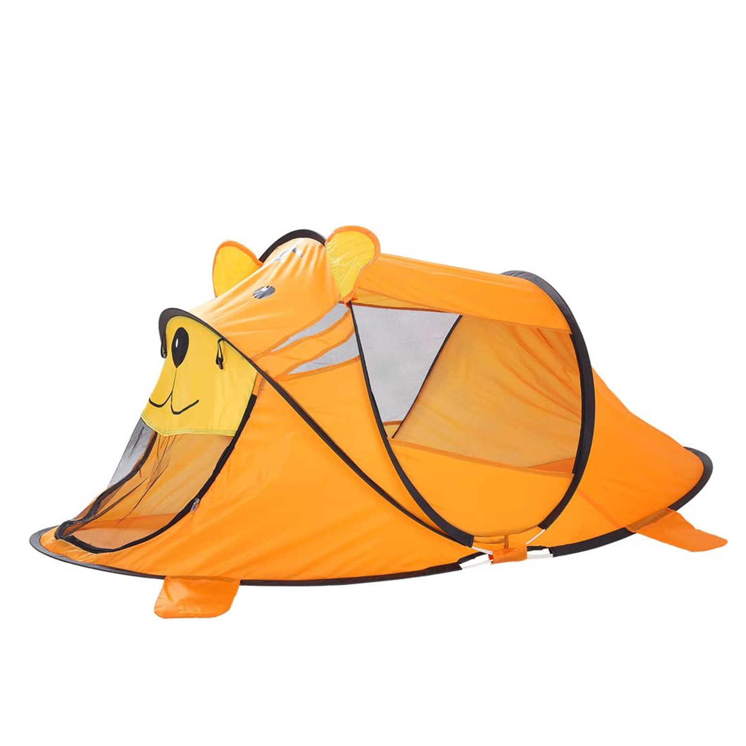 Una casa de juegos naranja y negra con forma de tigre de dibujos animados, con ventana y puerta.