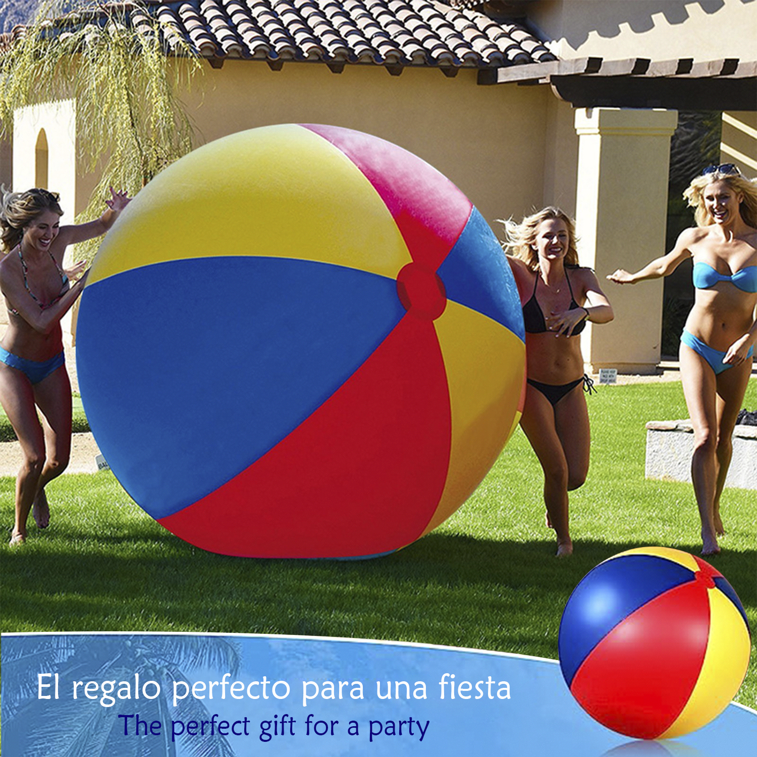 Tre donne che giocano con una grande e colorata palla da spiaggia sull'erba. Il testo recita: "Il regalo perfetto".