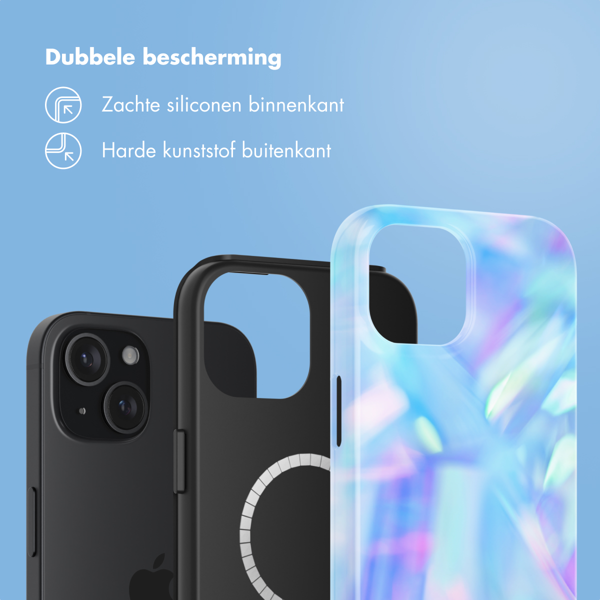 Three phone cases, black, with a white circle, and a colorful design. Text about double protection.
