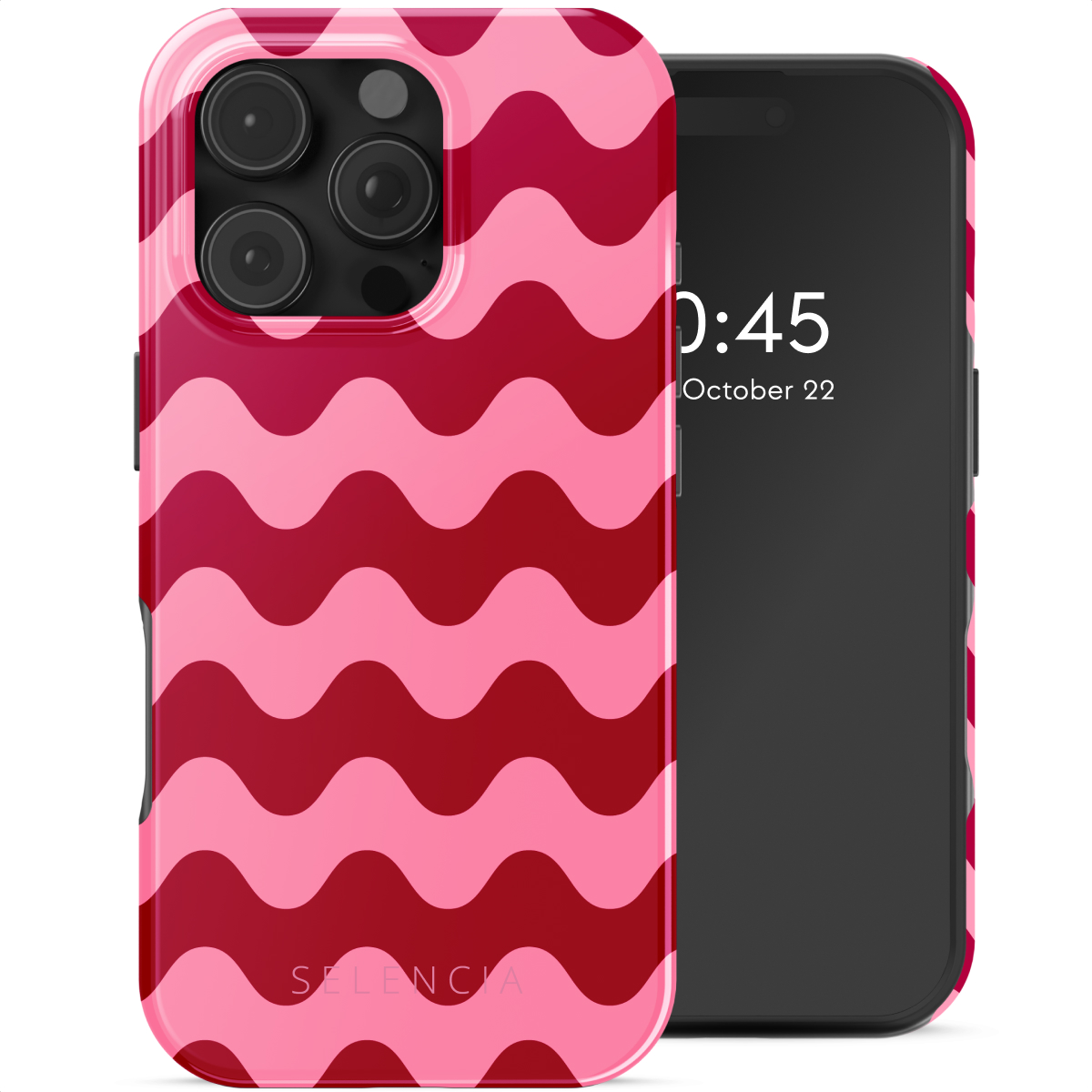 Coque de téléphone rose et rouge à motifs ondulés sur un téléphone. L'heure est 0:45, 22 octobre.