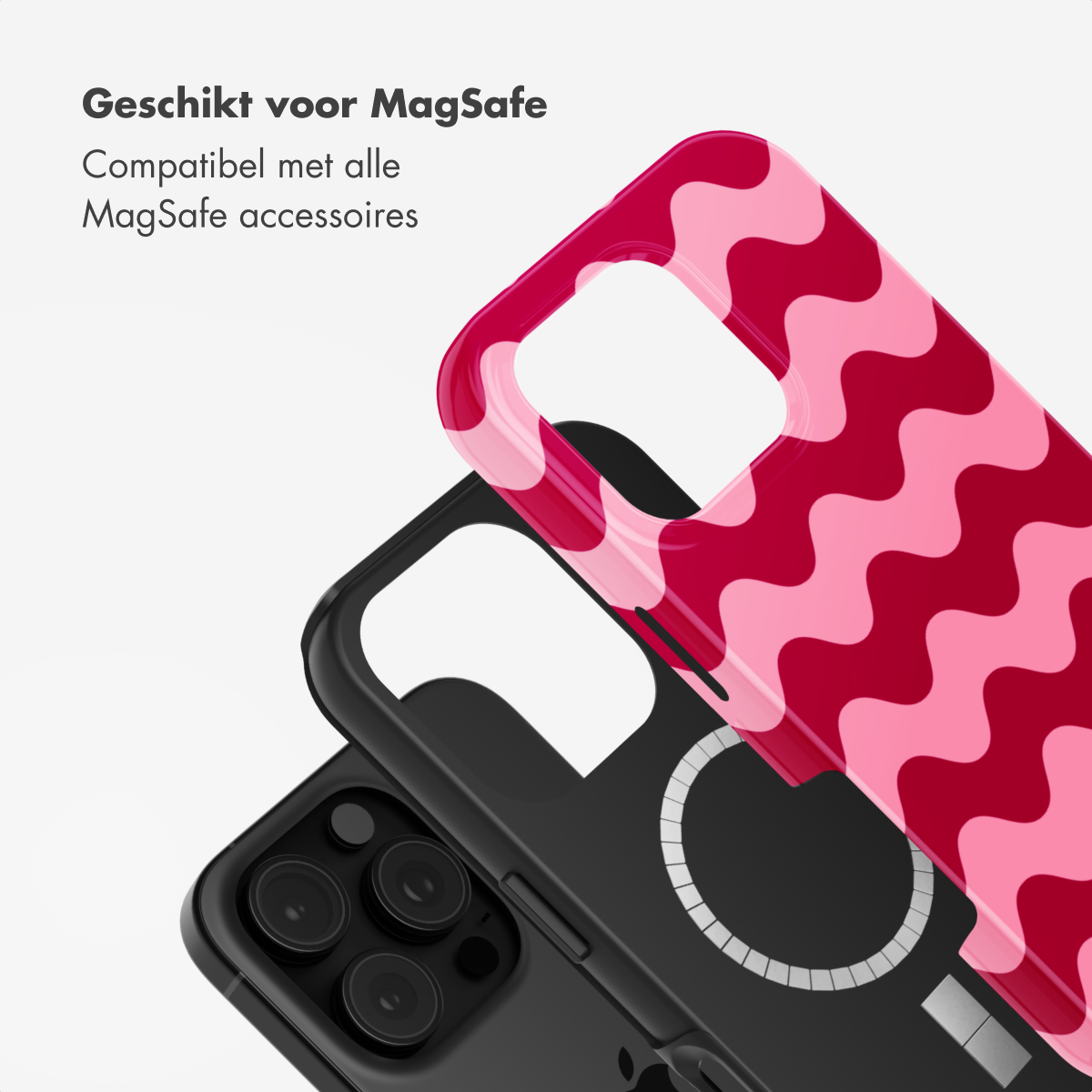 Une coque de téléphone avec un motif rose. La coque est montrée avec un téléphone à l'intérieur.