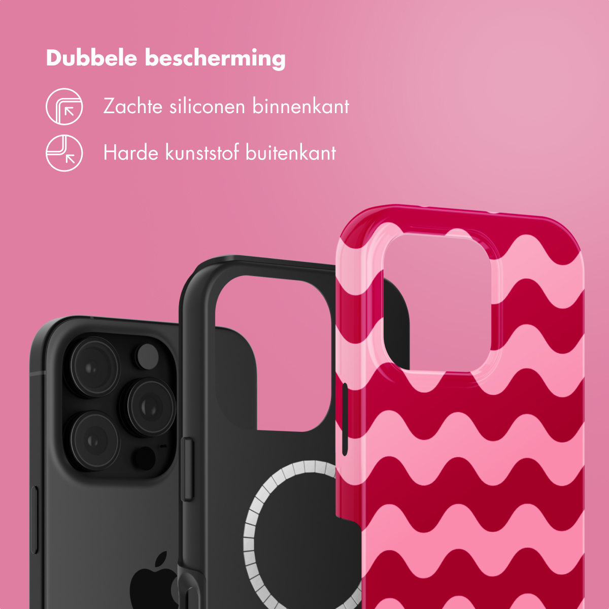 Fond rose avec trois coques de téléphone montrant différents motifs.