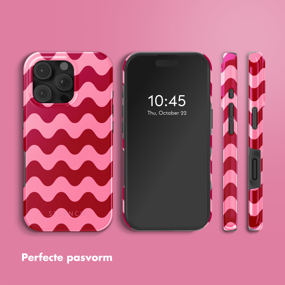 Coque de téléphone rose à motifs ondulés à côté d'un téléphone à écran noir et deux vues latérales.