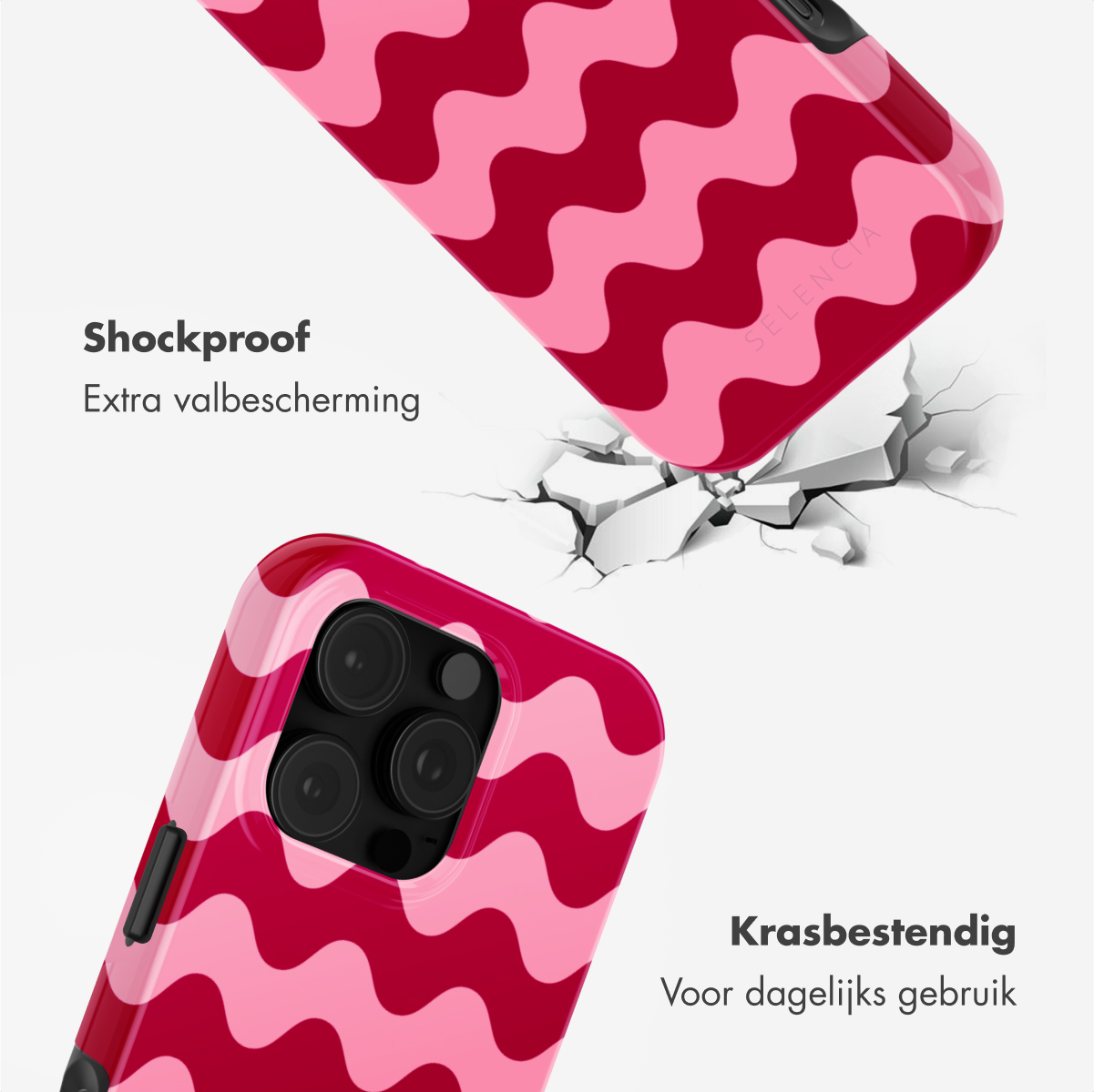 Deux coques de téléphone avec un motif ondulé rose. L'une est plate, l'autre tombe. Le fond est blanc avec des fissures.