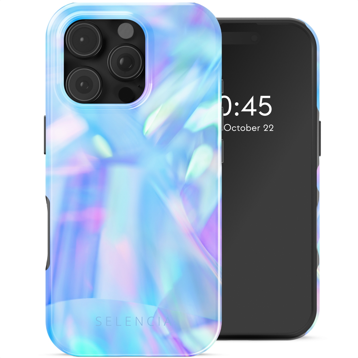 Coque de téléphone holographique sur un iPhone, avec l'heure affichée à l'écran.