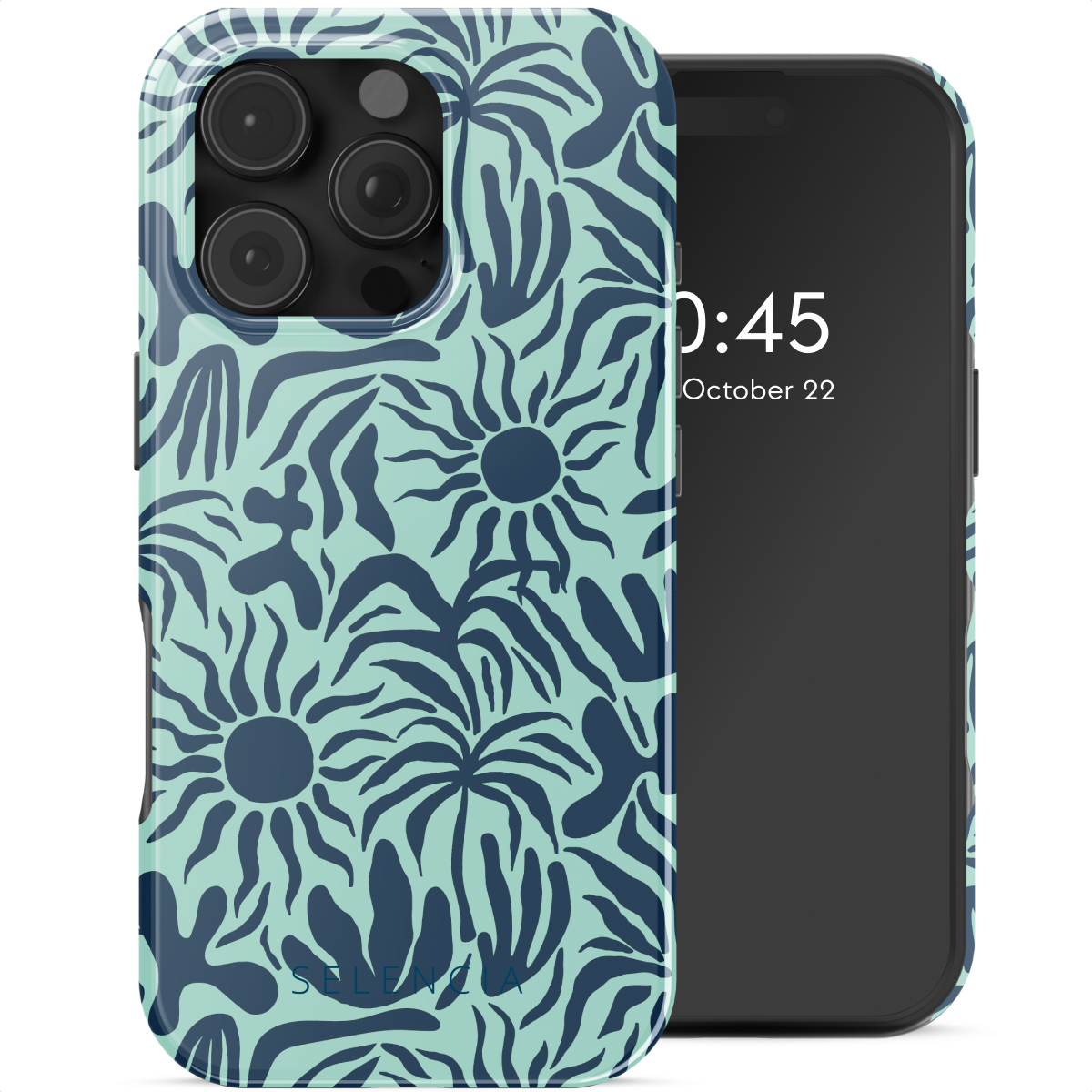 Telefoon in een hoesje met patroon naast het telefoonscherm. De hoes heeft een bloemenontwerp.