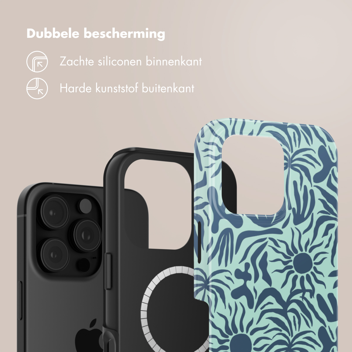 Drie telefoonhoesjes; zwart, zwart met een witte cirkel en een blauw bloemenpatroon. Hoesjes liggen op een tafel.