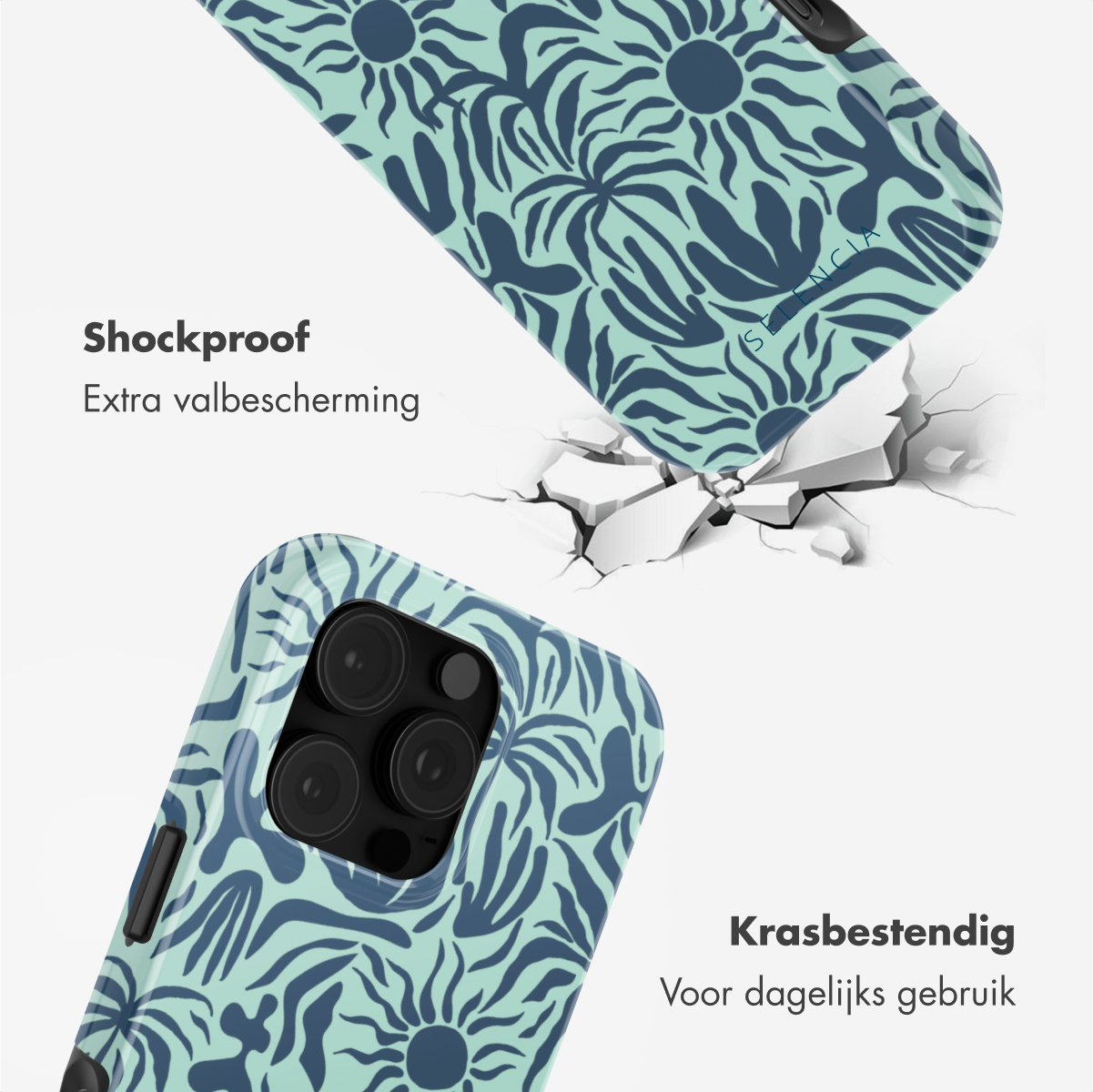 Twee telefoonhoesjes met een blauw patroon. Eén hoesje is gebarsten, wat schokbestendige bescherming aantoont.