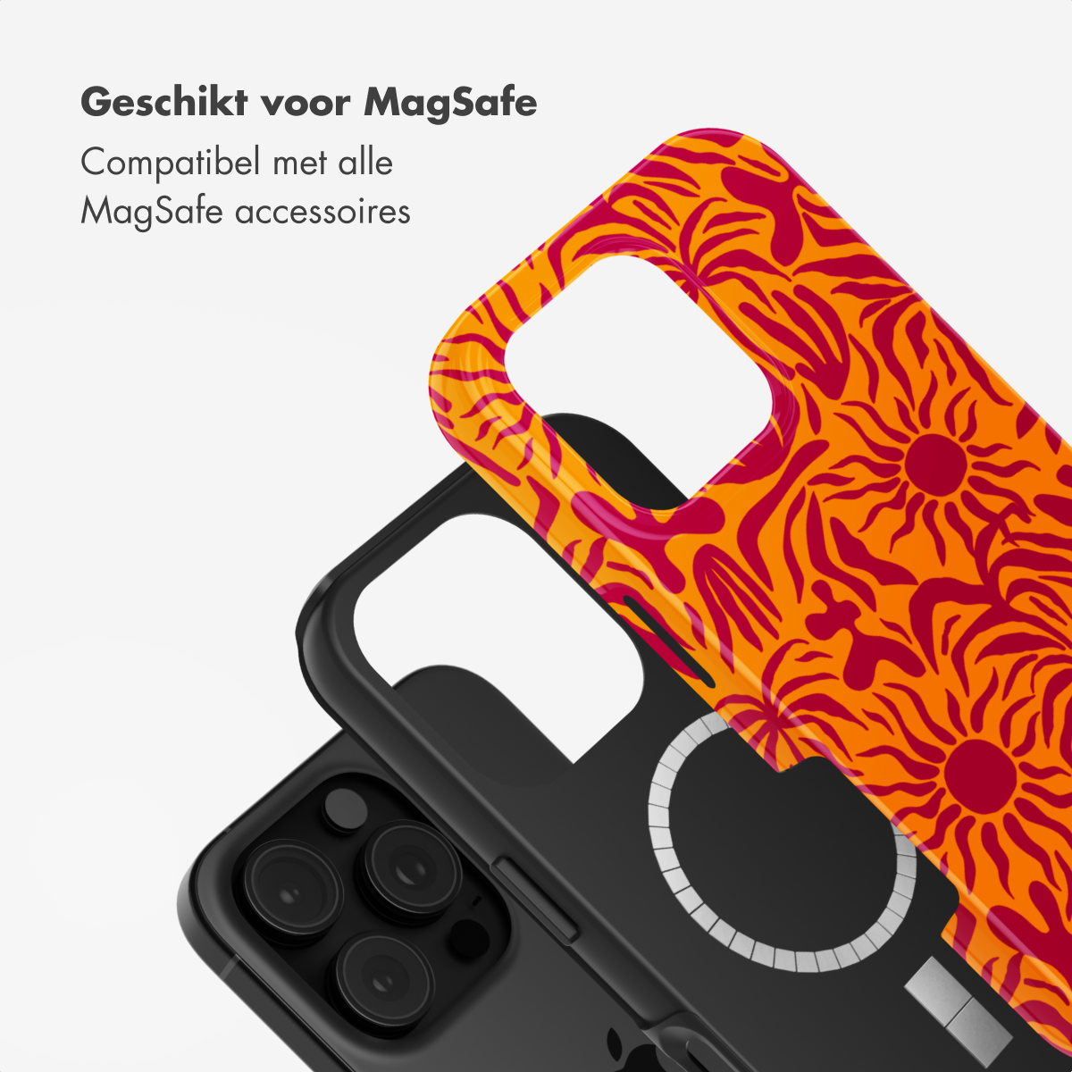 Une coque de téléphone avec un design orange et rouge sur une coque et un téléphone noirs.