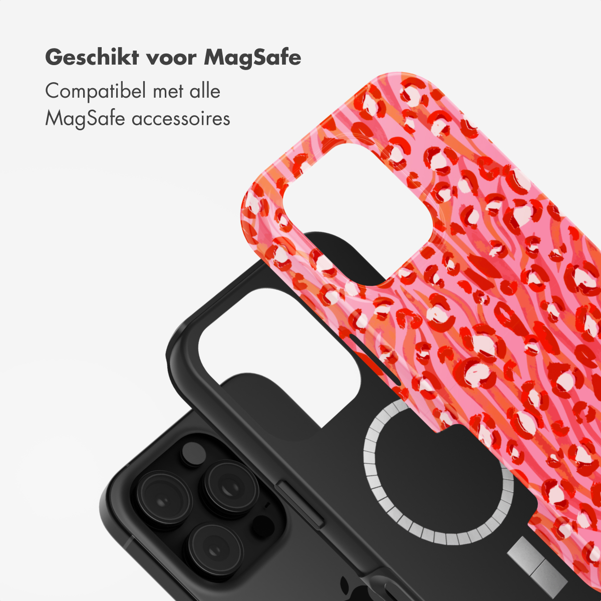 Una custodia per telefono con un design a stampa animalier rosso e bianco, su un telefono nero.