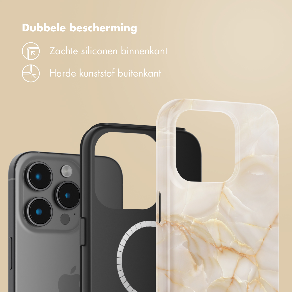 L'immagine mostra un telefono con custodie nere e marmorizzate, sottolineando la doppia protezione.