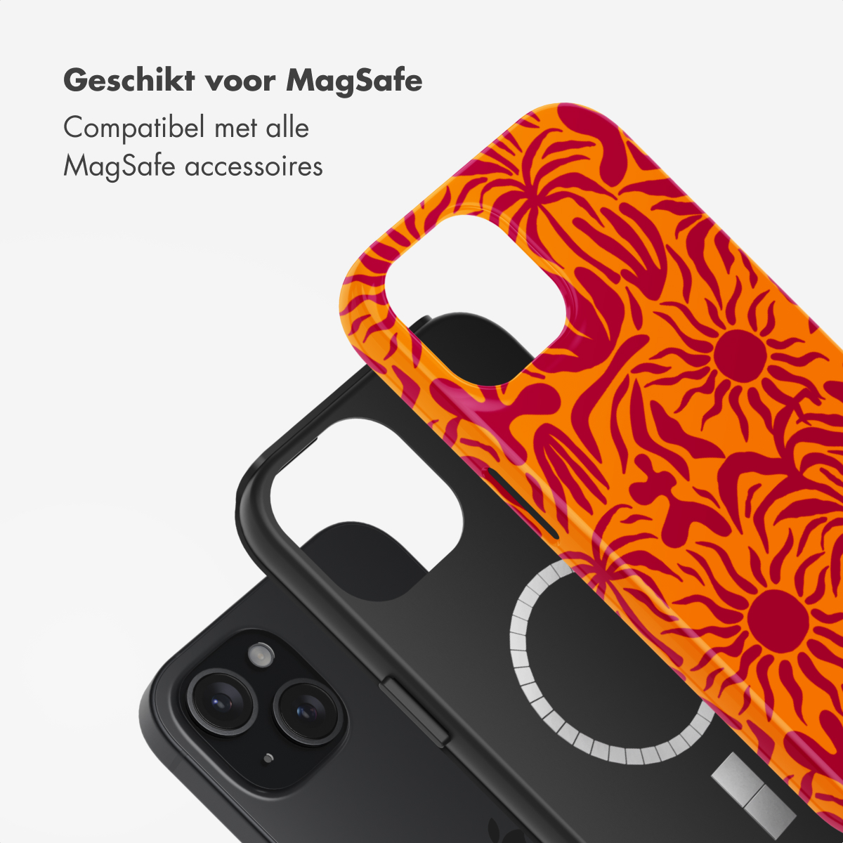 Phone case with orange and red design, over a black phone case. White background.