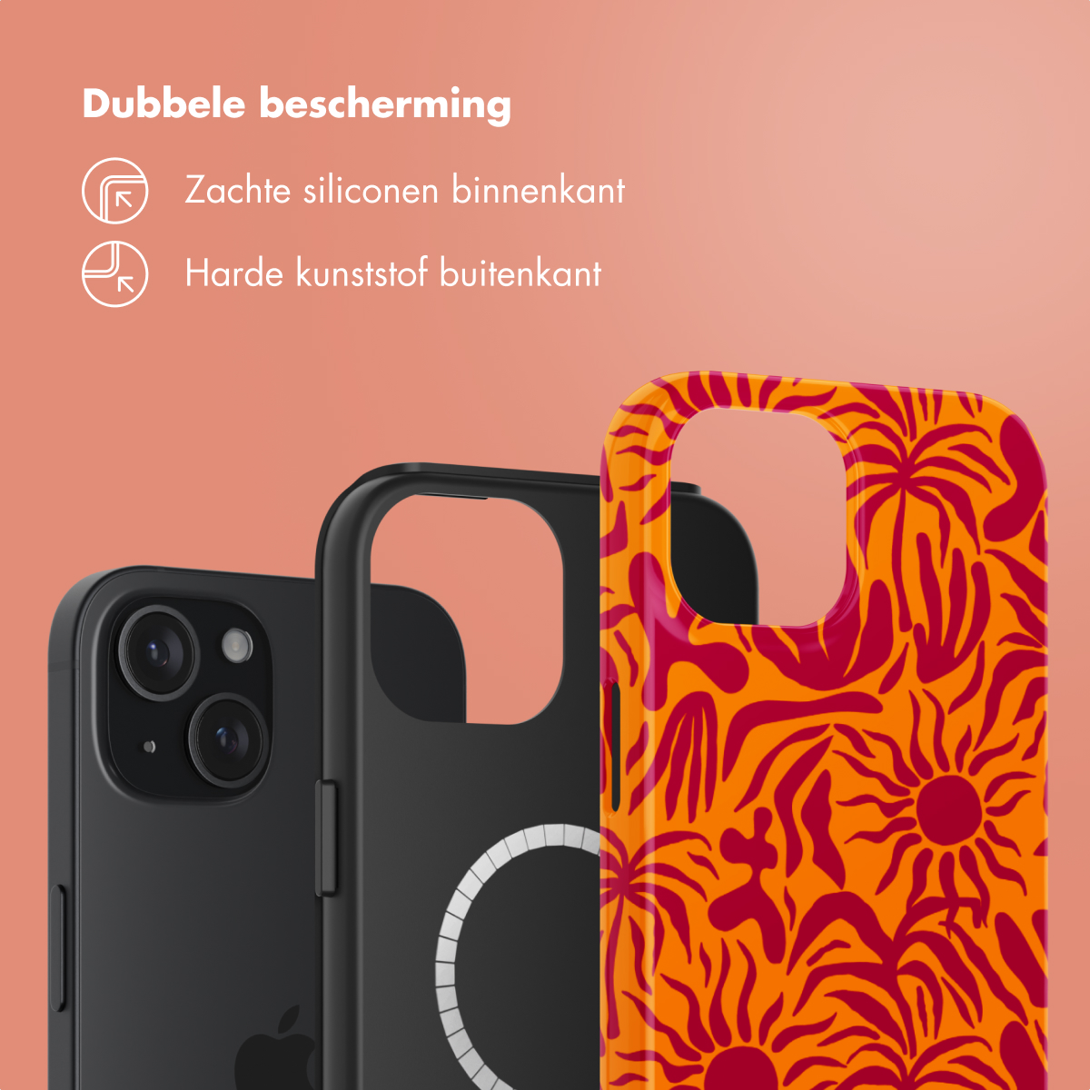 Three phone cases. One black, one black with a white circle and one orange patterned case.
