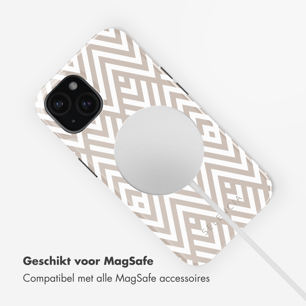 Phone with beige chevron case and a white MagSafe charger.