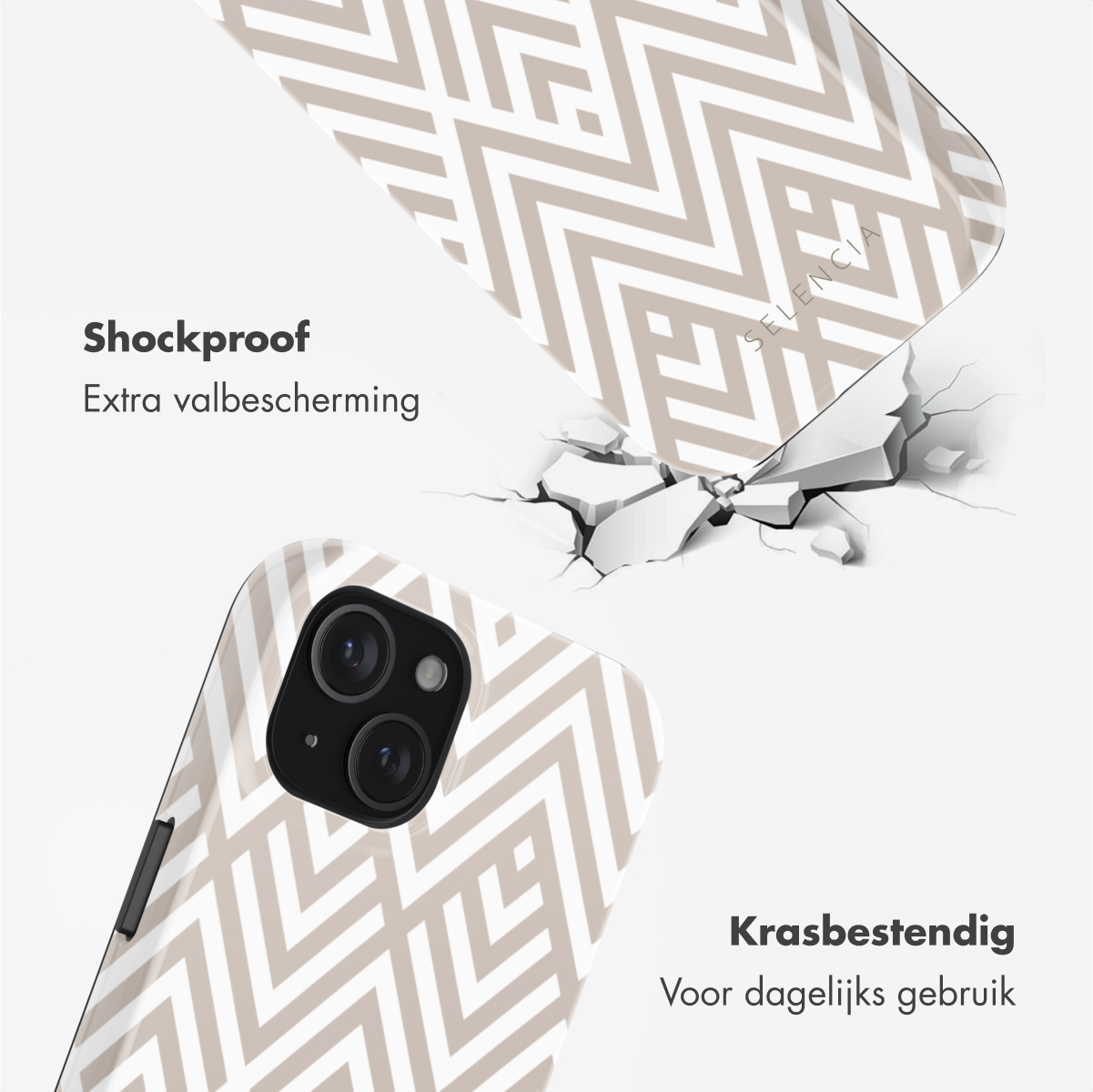 Phone case with a beige and white zigzag pattern, a cracked surface, and the word 'Shockproof'.