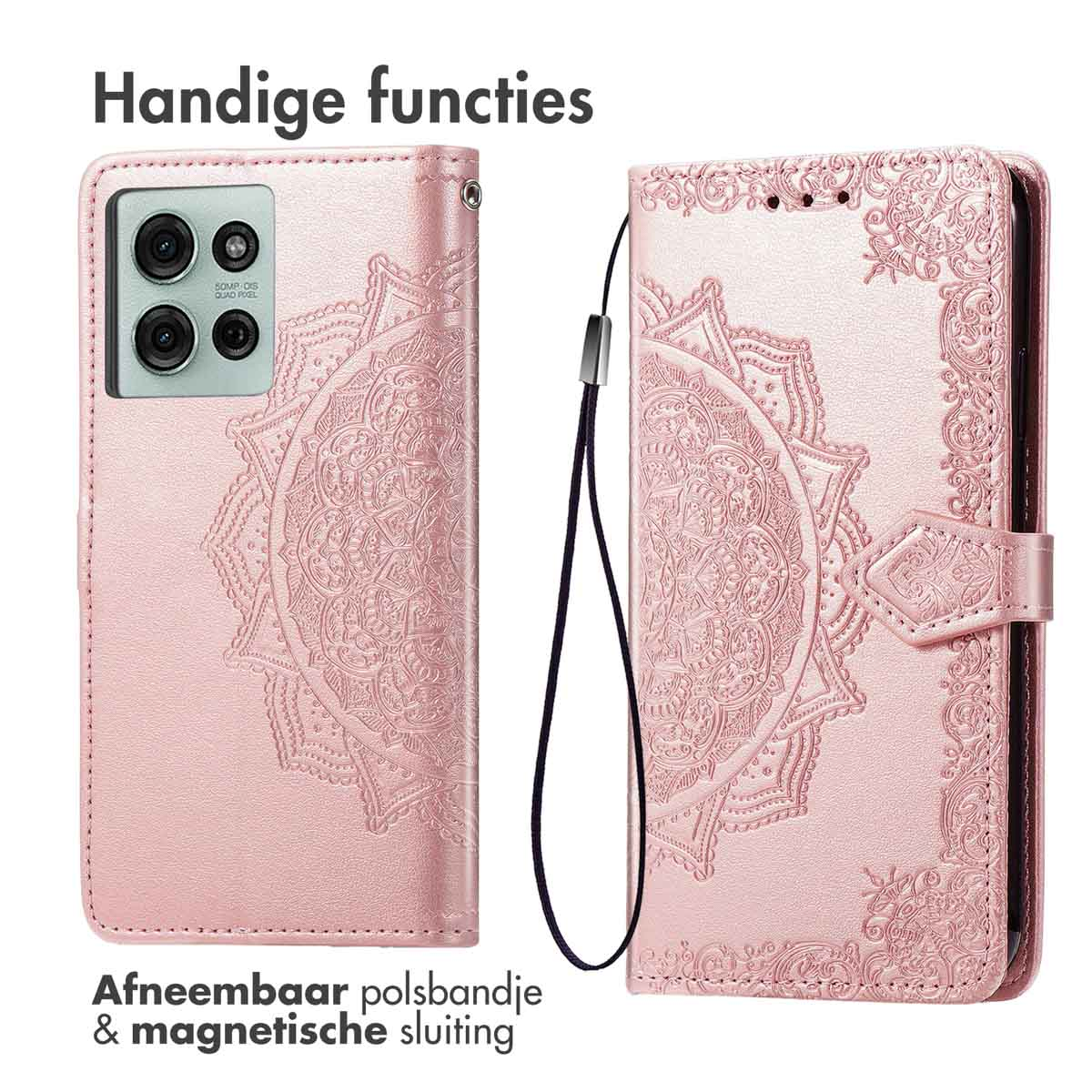 Roze telefoonhoesje met mandala-ontwerp. Beschikt over een afneembare polsband en magnetische sluiting.