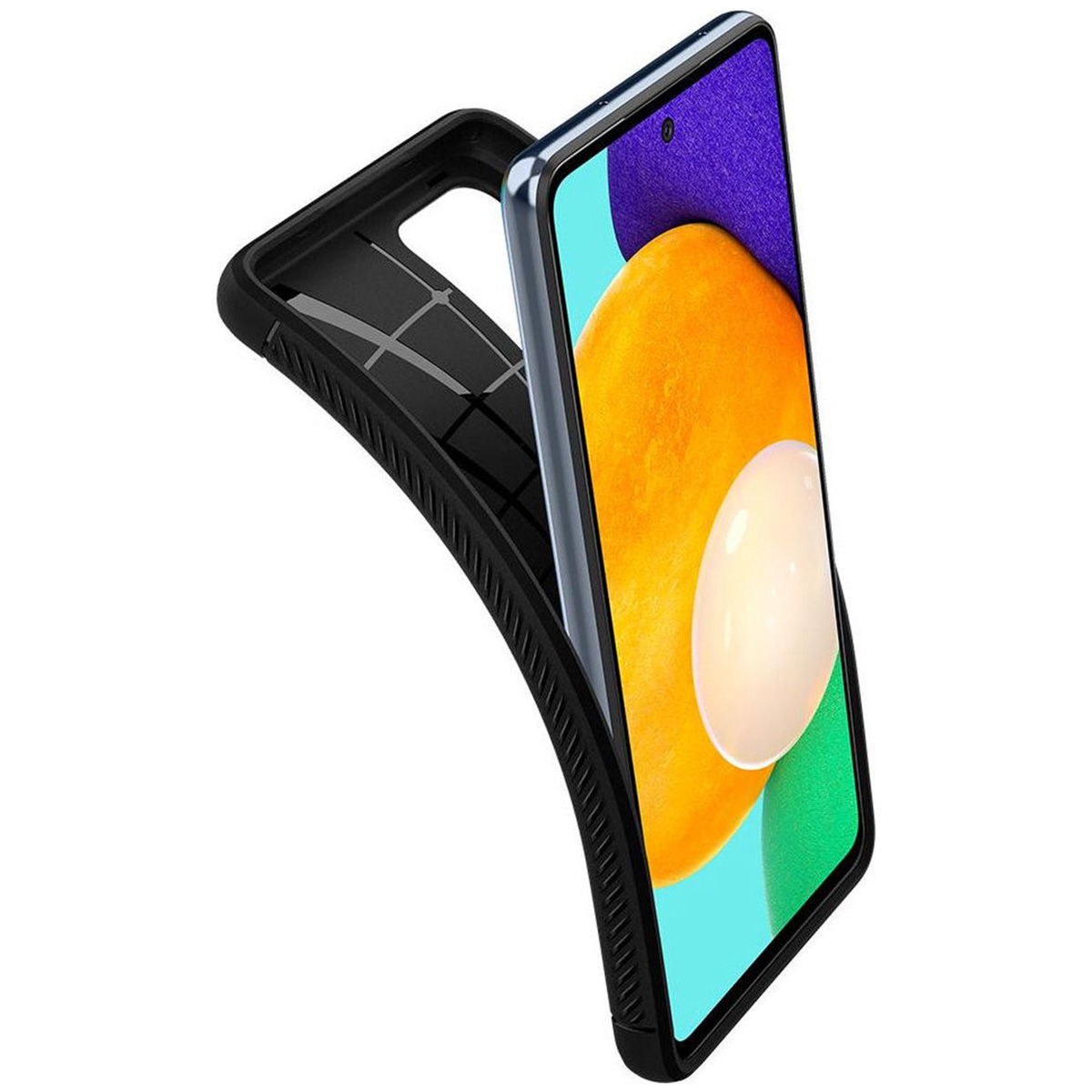 Telefono in custodia nera angolata, che mostra lo schermo con un'immagine colorata.