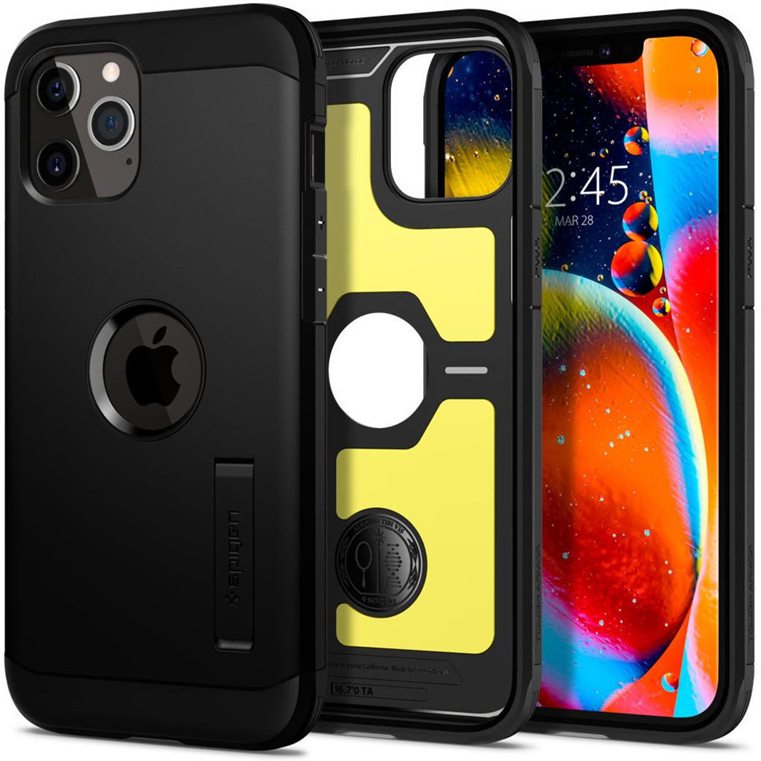 Un telefono con una custodia nera mostra la data e l'ora su uno schermo colorato con un logo Apple parzialmente visibile.