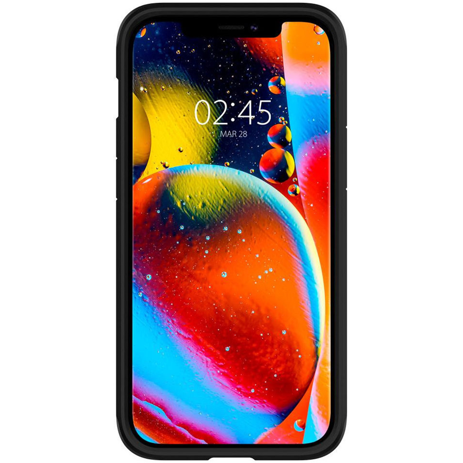 Un telefono con una custodia nera mostra uno schermo colorato con un design astratto e la data e l'ora.
