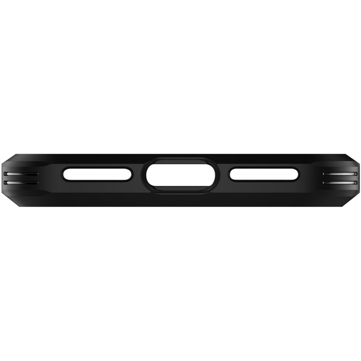 Eine schwarze Handyhüllenkante zeigt das detaillierte Design des Gehäuses mit einer Vielzahl von Öffnungen.