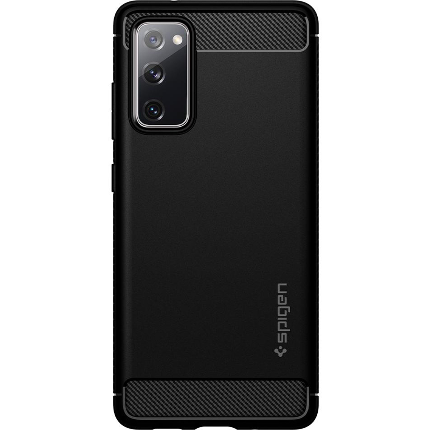Een zwarte telefoonhoes met accenten van koolstofvezel toont een enkele camera aan de achterkant en het Spigen-logo.