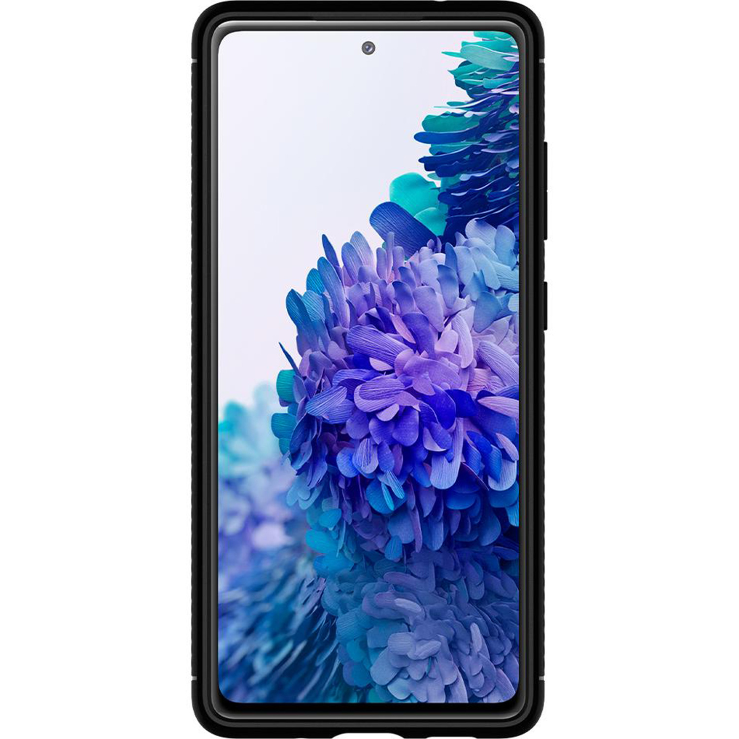 Een telefoon met een zwarte hoes toont een bloemmotief in blauw-, blauwgroen en wittinten op het scherm.