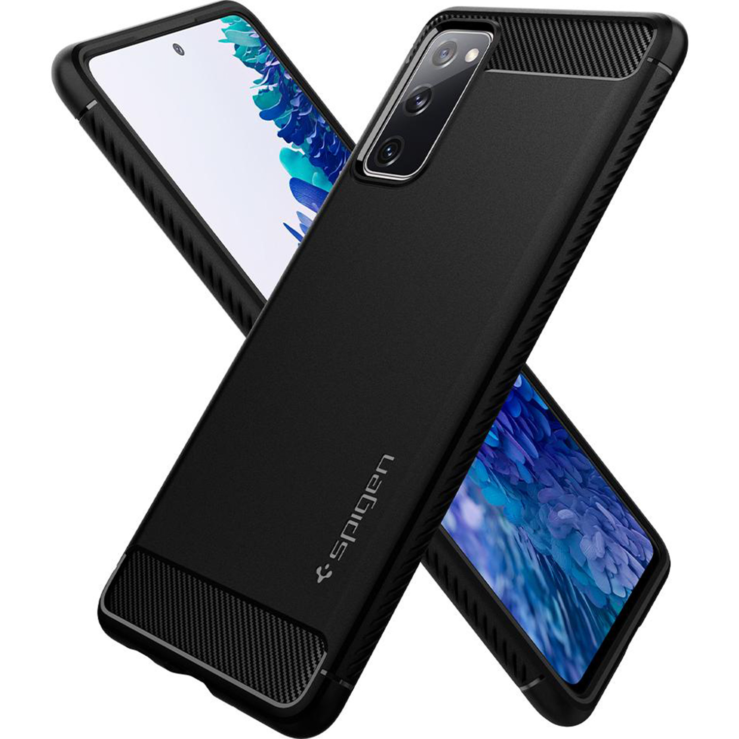 Zwarte telefoonhoes met een telefoon erin. De hoes heeft een getextureerde achterkant.