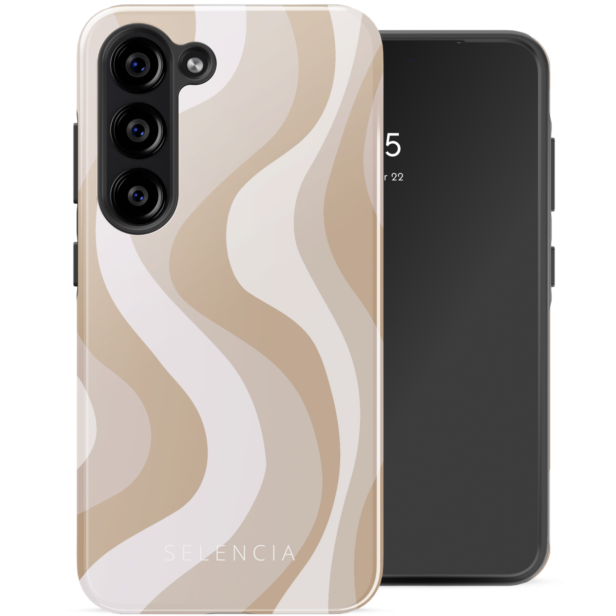 Telefono con custodia beige a onde, che mostra la fotocamera e lo schermo con l'ora.