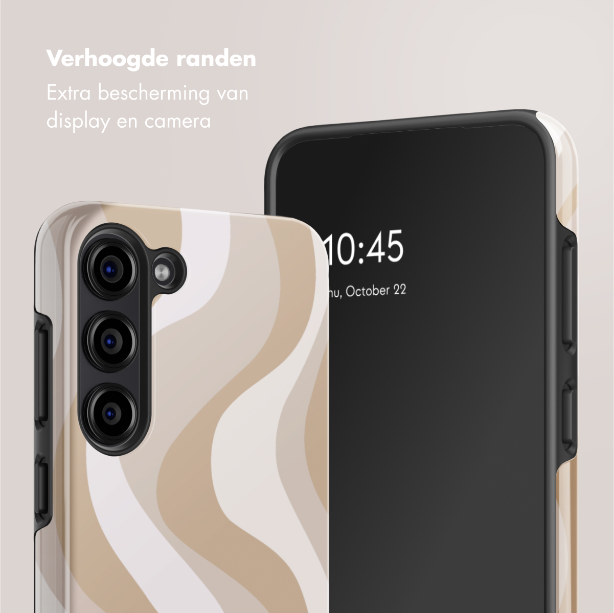 Custodia del telefono con motivo a spirale, schermo del telefono con l'ora e testo sulla protezione.