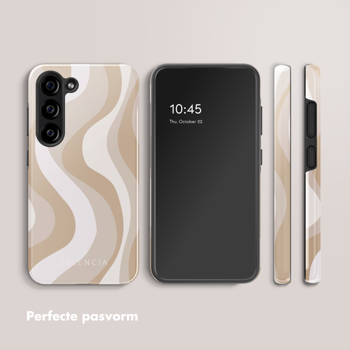 Custodia per telefono con design a onde. Telefono e custodia su superficie bianca.