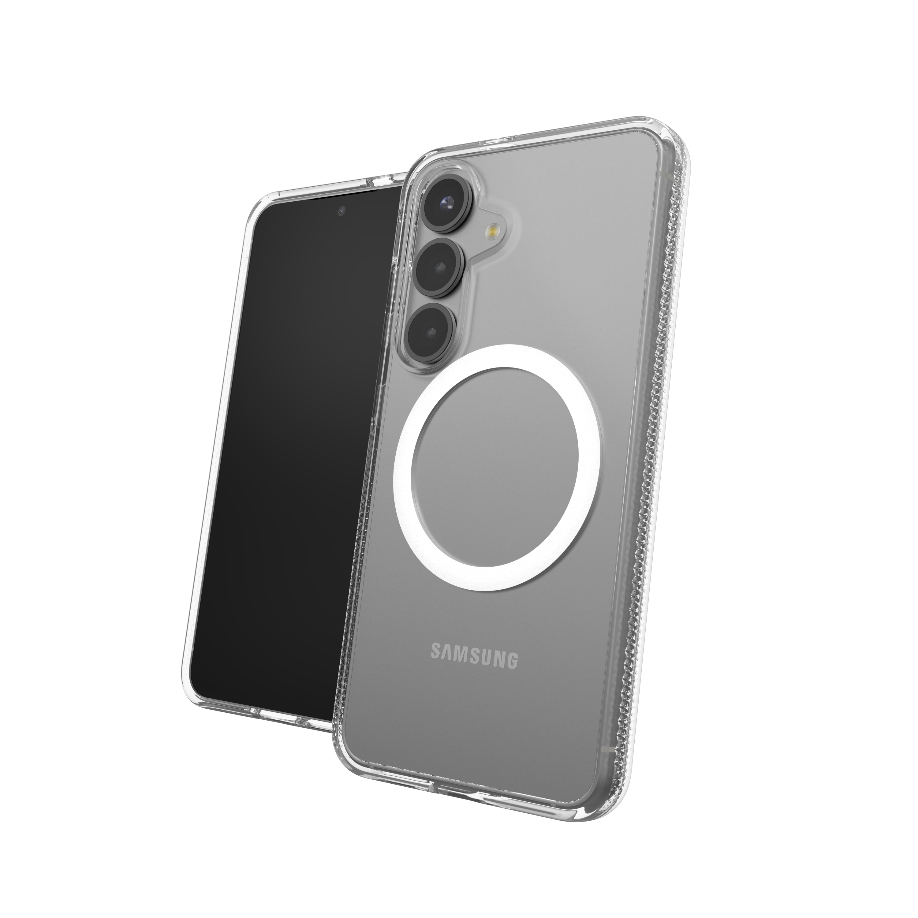 Una custodia trasparente per telefono con un cerchio bianco, accanto a un telefono con schermo nero.
