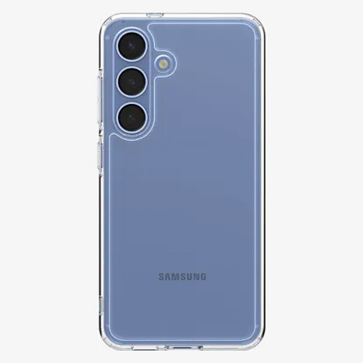 Przezroczyste etui na telefon z niebieskim wnętrzem. Widoczna marka SAMSUNG.