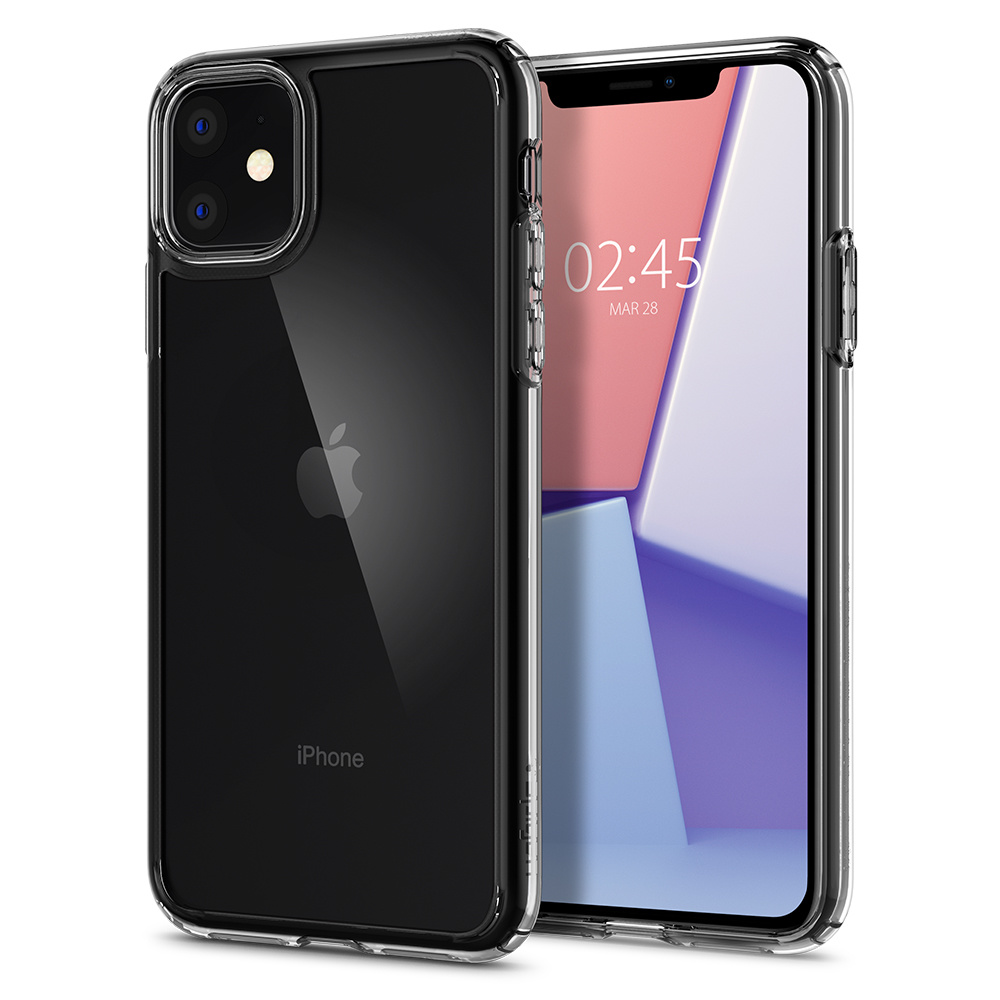 Une coque de téléphone transparente avec un téléphone noir à l'intérieur, montrant l'écran.