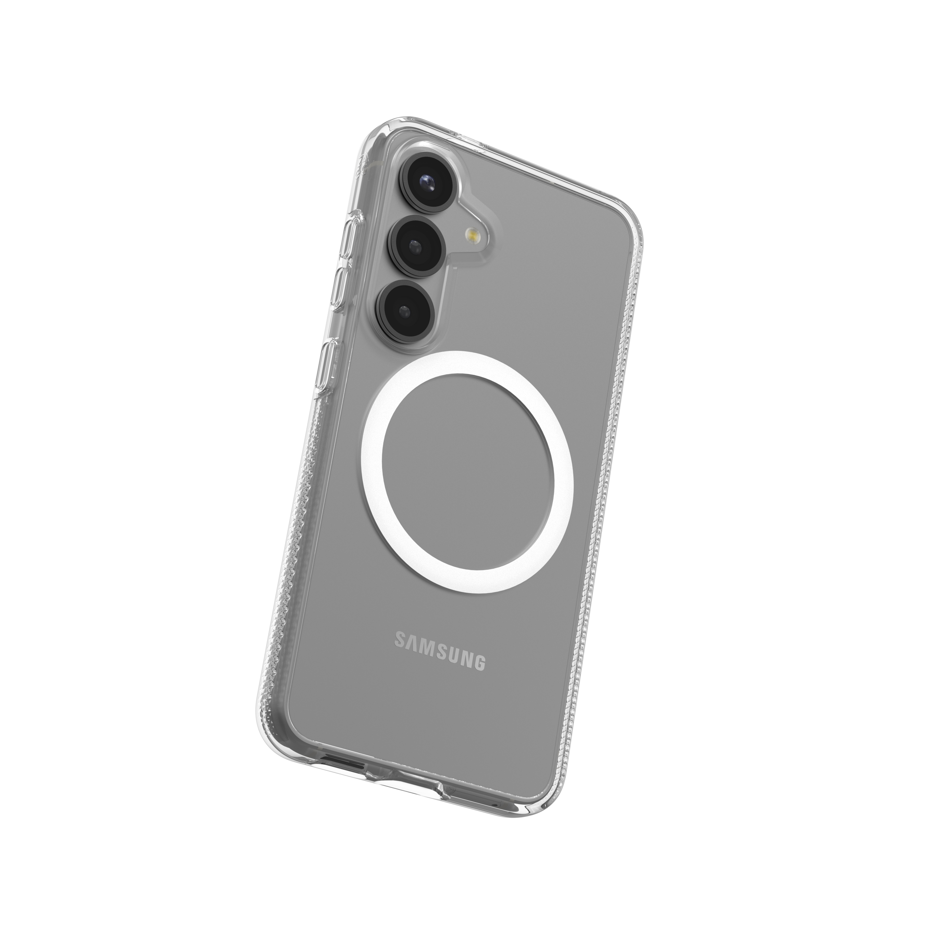 Custodia trasparente per telefono su sfondo bianco. Ha un ritaglio per la fotocamera e un anello magnetico.