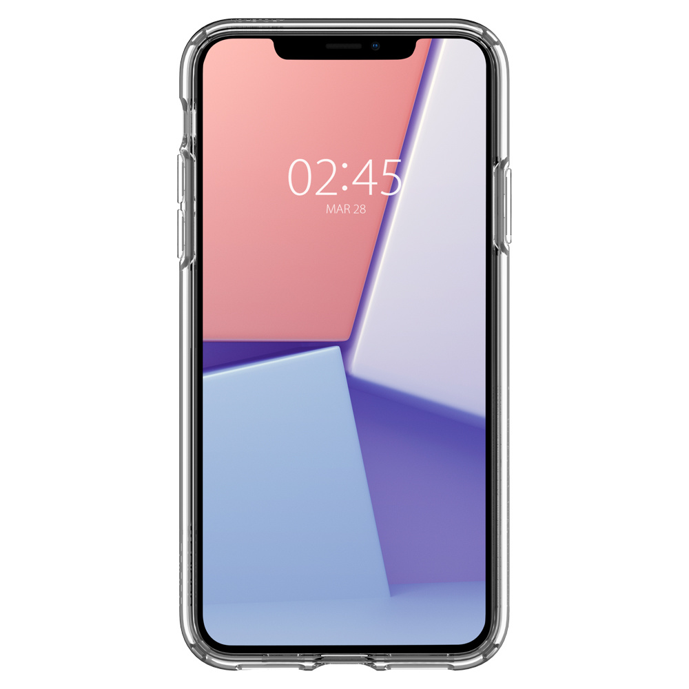 Coque de téléphone transparente sur fond blanc. Le téléphone affiche l'heure. Fond abstrait rose, bleu et blanc.