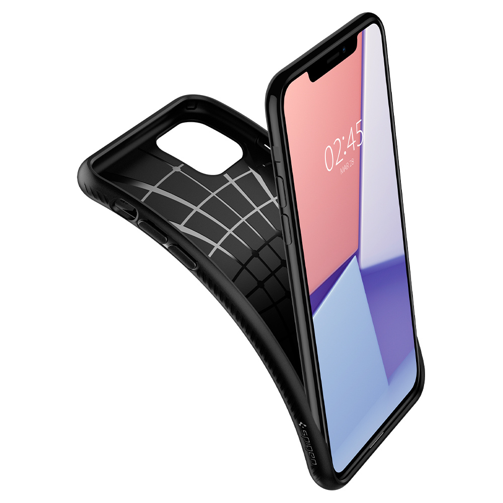 Custodia per telefono con telefono all'interno, aperta. Il telefono è nero e rosa.