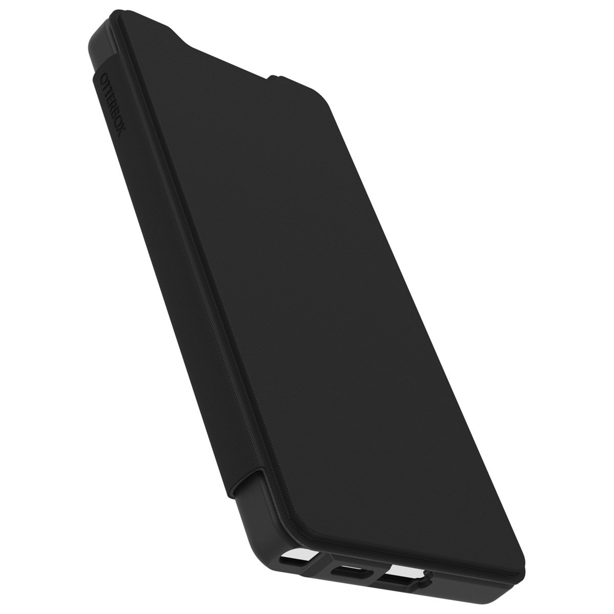 Custodia nera per telefono, ripiegata chiusa. La custodia è nera.